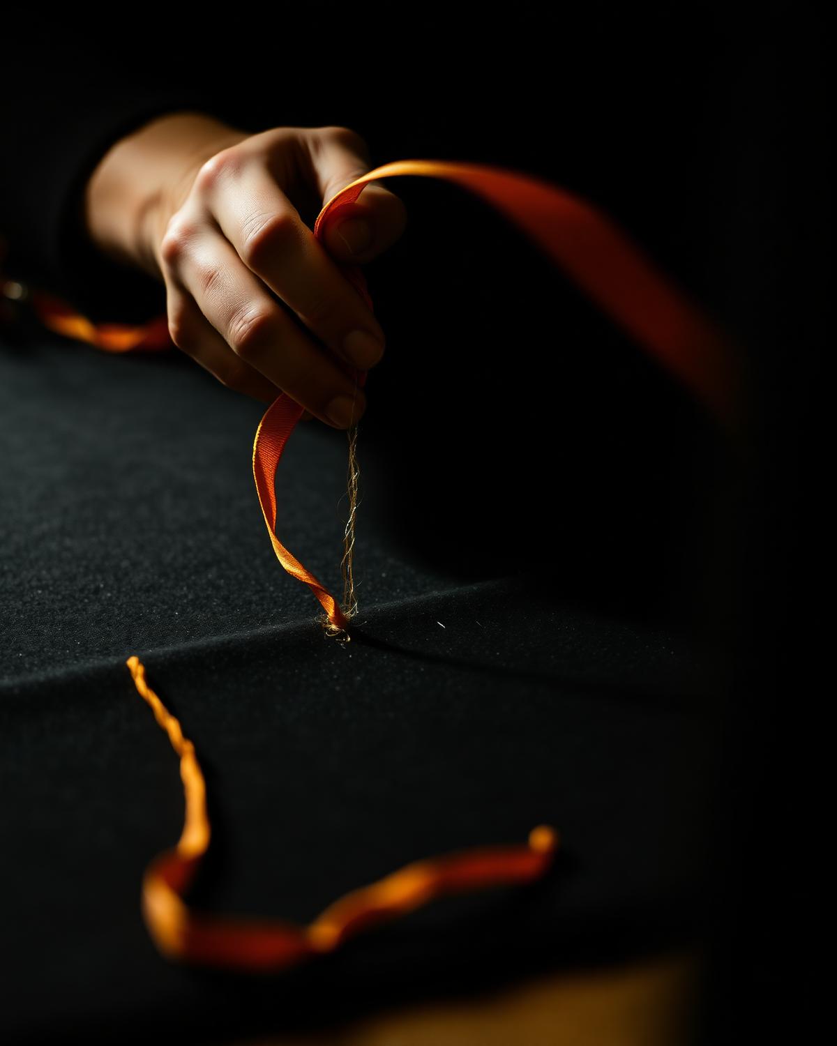 Tailor hand-stitching orange thread onto black fabric at the Kashish Dresses studio